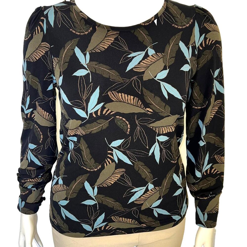 Tahari Blouse Women's M fits to XL Black, Olive, Lt Blue Leaf Feather Print